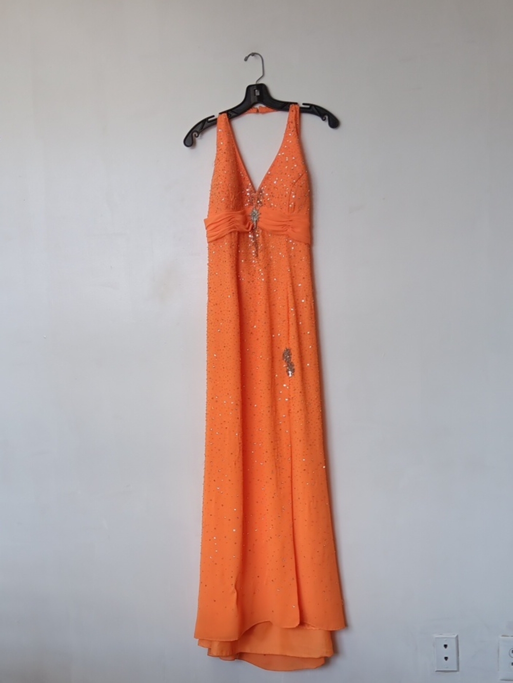 Riva Designs Orange V-Neck Prom Gown with Rhinestone Embellishment